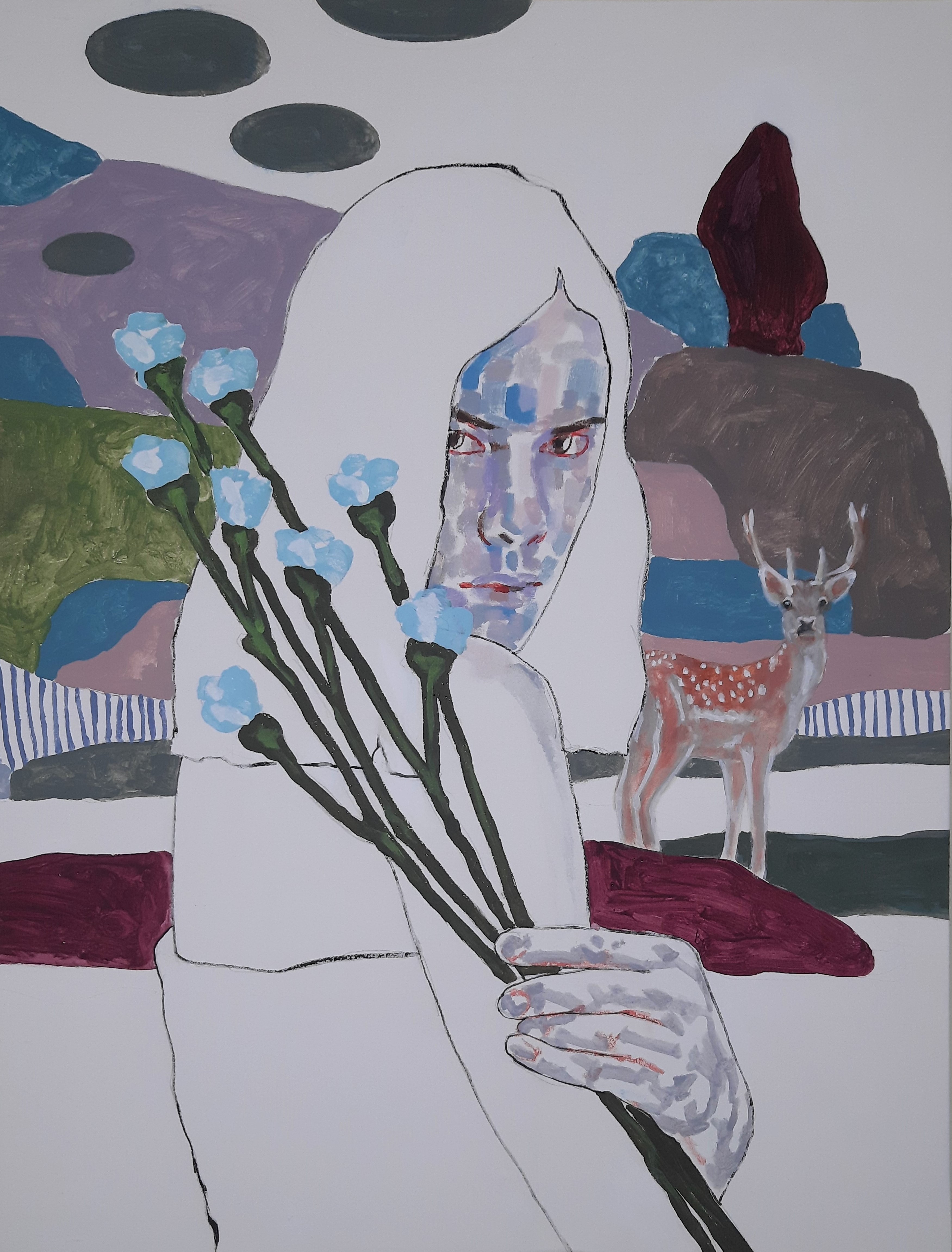 Woman with blue flowers - Artwork