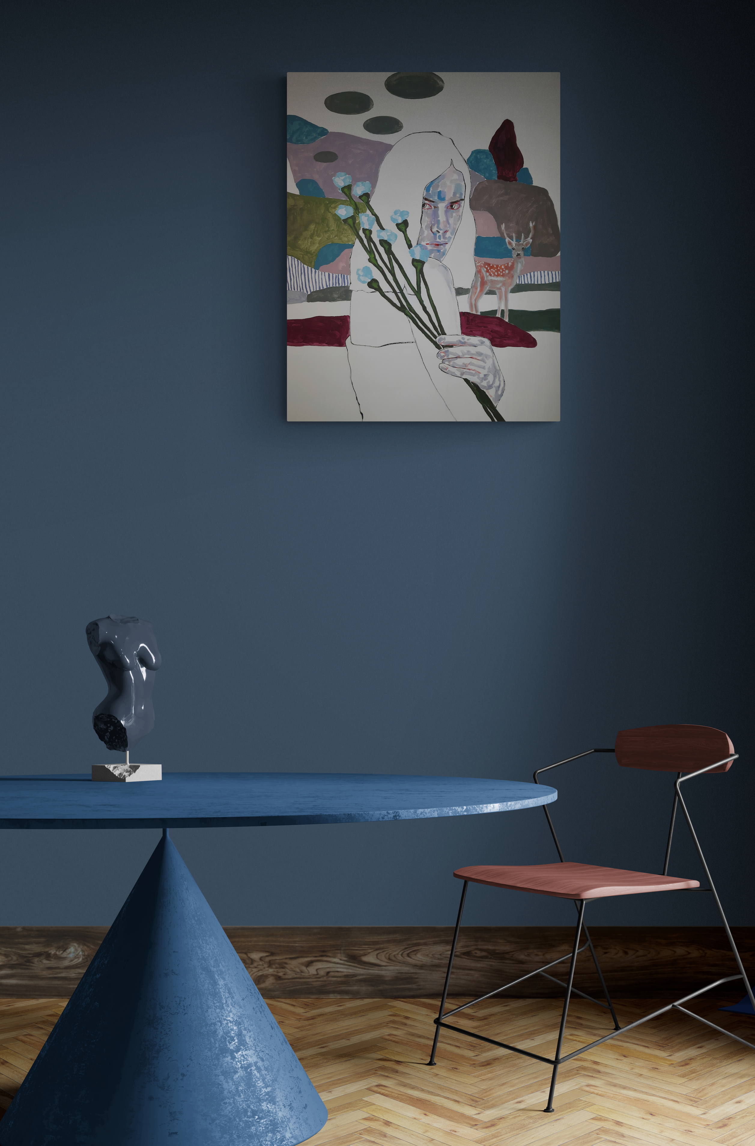 Woman with blue flowers - Artwork