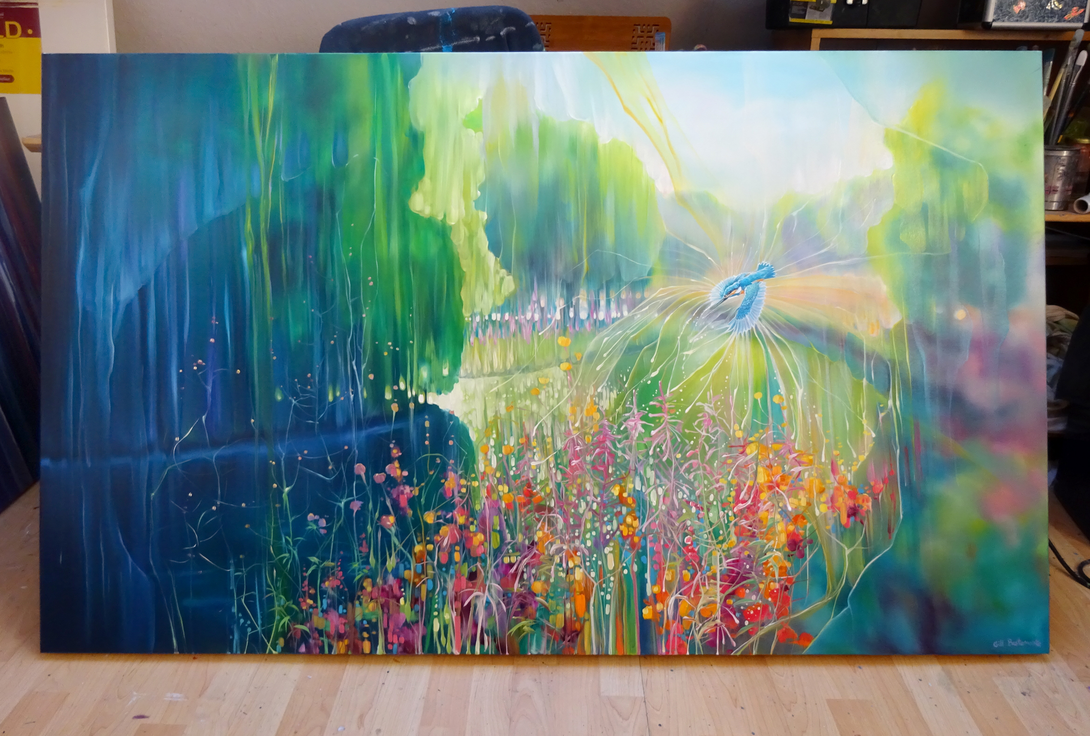 A Kind of Magic a large oil painting of a river landscape with kingfisher - Artwork