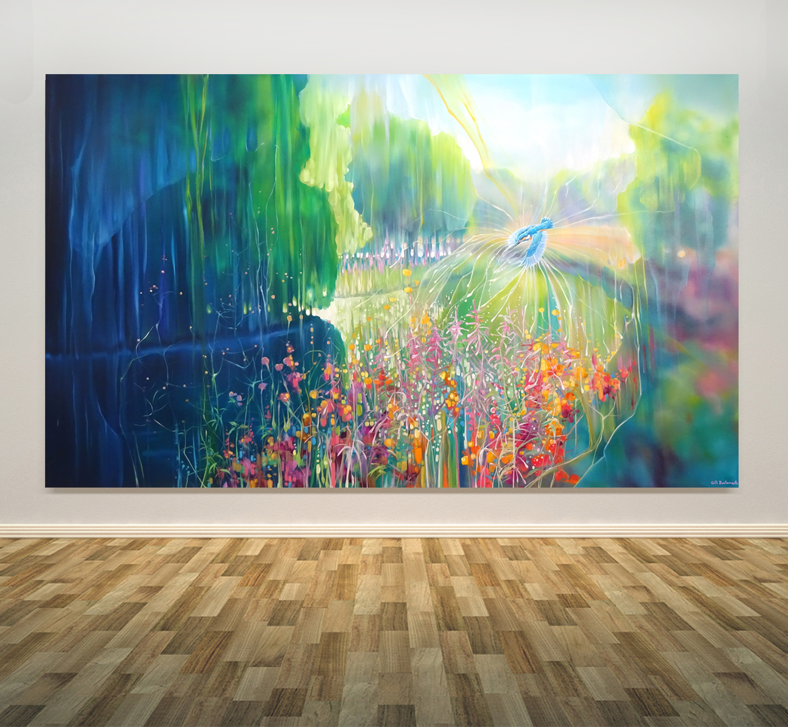 A Kind of Magic a large oil painting of a river landscape with kingfisher - Artwork