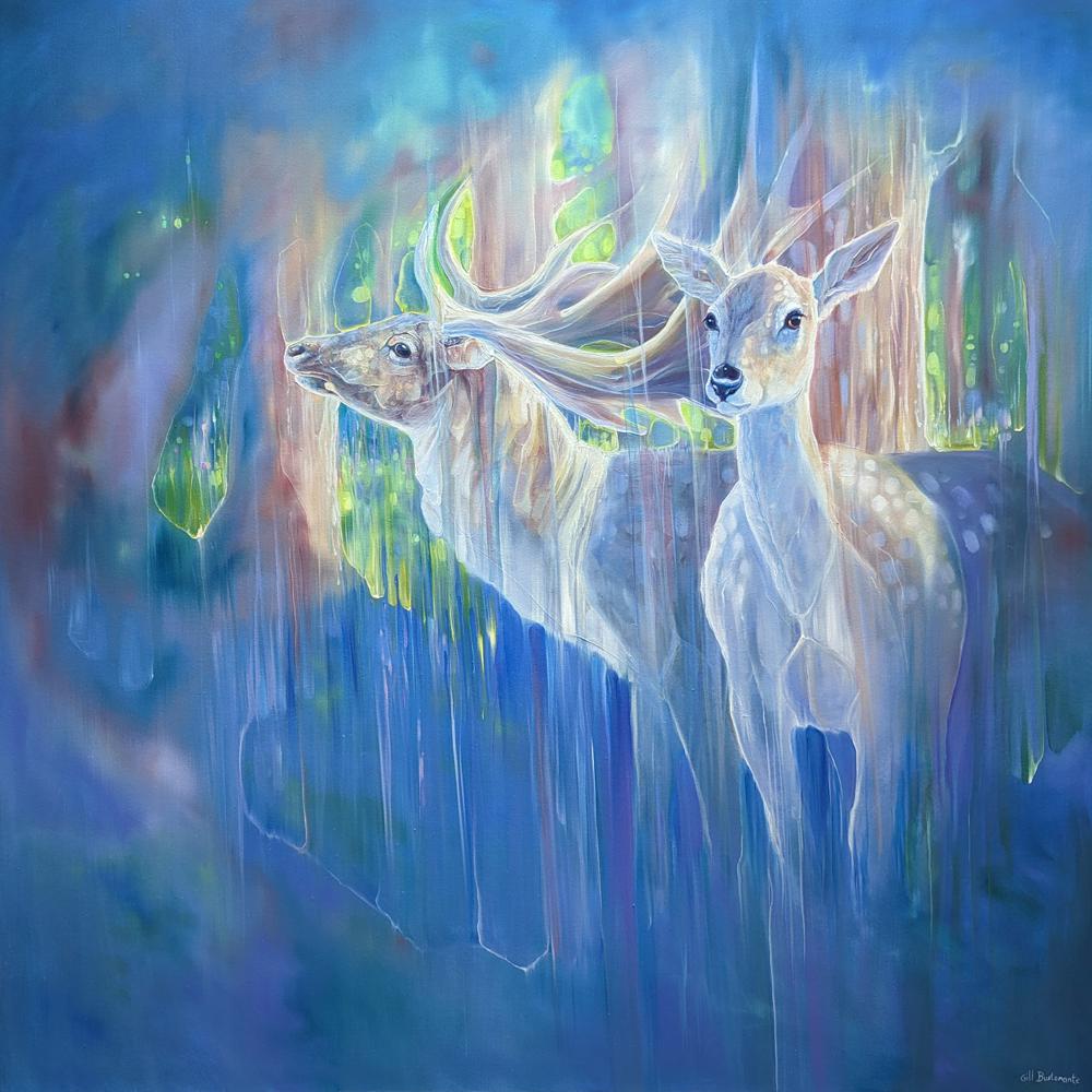 Divine Monarchs is a large semi-abstract wildlife painting of two deer - Artwork