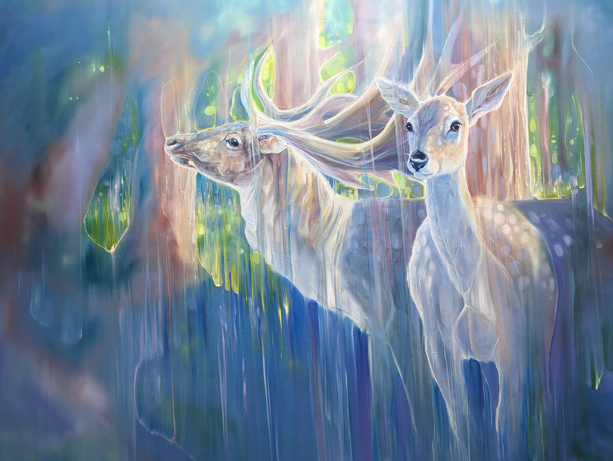 Divine Monarchs is a large semi-abstract wildlife painting of two deer - Artwork